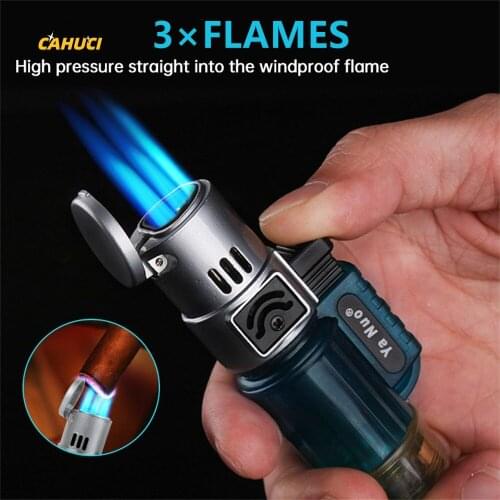 Triple Torch Lighter Portable Windproof Butane Gas Jet Flame Lighter 3 Nozzles Turbo BBQ Cigar Cigarette Spray Gun Gadgets