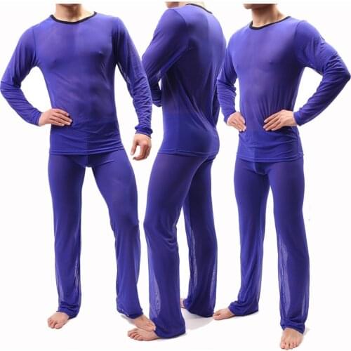 Ultra-thin Men Undershirts Sets Mesh Transparent Tops Trousers Suits Long Sleeve Fitness Tee Gay Sex Costume Underwear Plus Size