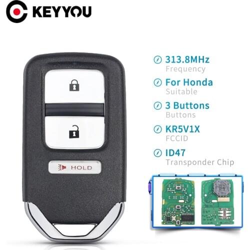 KEYYOU 3 Button Keyless Smart Remote Car Key 313.8Mhz For Honda Fit EX EX-L EX-LN HR-V Crosstour Transponder 47 Chip FCC: KR5V1X