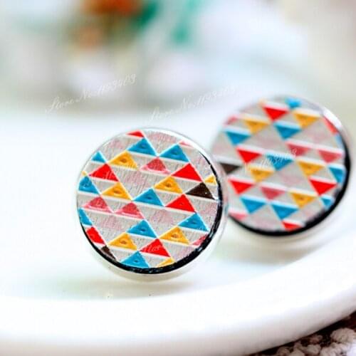 Unique 3D Triangle Embossed 16mm Round Coloured Drawing pattern Laser Cut wood Cabochon DIY for Rings, Earring,Brooch,Necklace