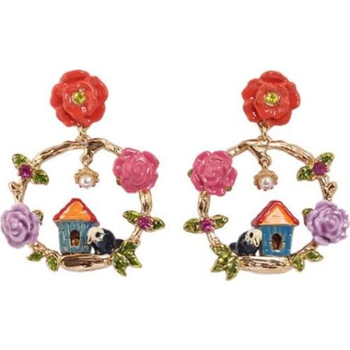 European and American Fashion Personality Creative Ethnic Style Flower House Bird Stud Earrings Earrings Enamel Craft Earrings