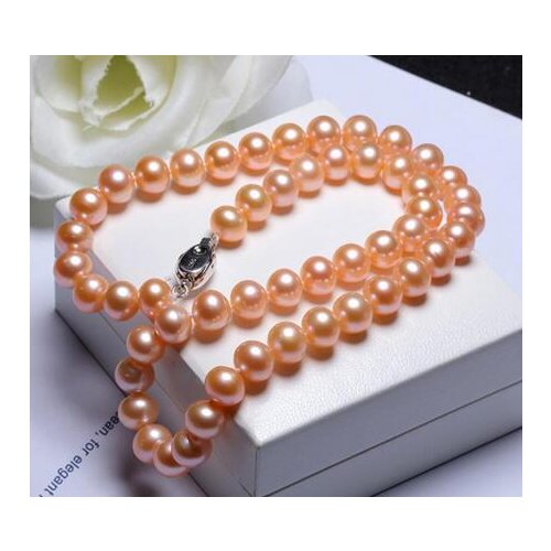 GORGEOUS AAA 9-10MM SOUTH SEA ROUND GOLD PINK PEARL NECKLACE 18INCH 925S kkk