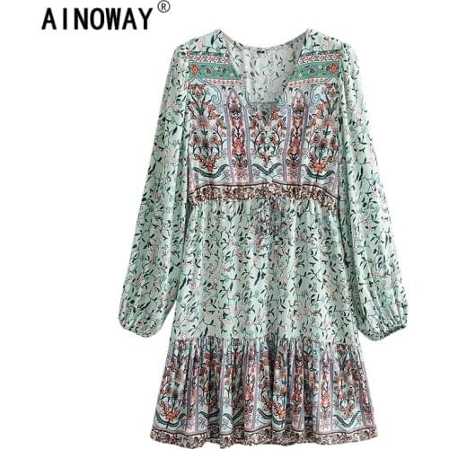 Vintage chic women hippie green floral print V-neck Bohemian mini dress Summer ladies flare sleeve Boho dresses vestidos