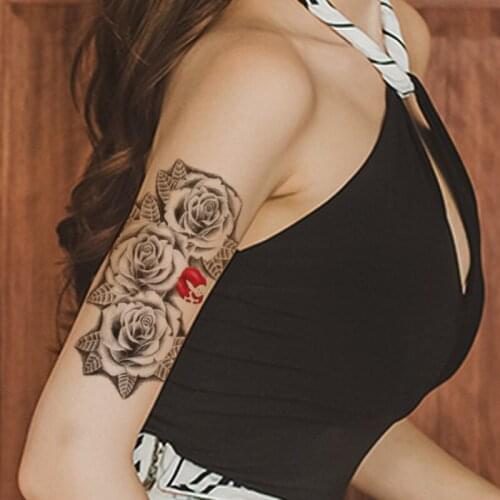 Red Lips Waterproof Temporary Tattoo Sticker Black Rose Flowers Leaves Design Fake Tattoos Flash Tatoos Arm Body Art Women Girl
