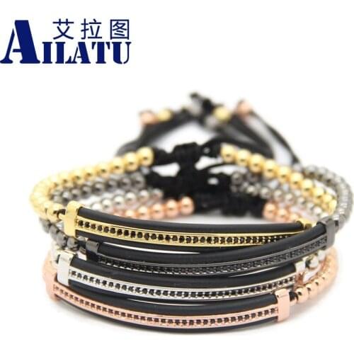 Ailatu 10 Piece CZ Long Brass Tube Watch Protector Bracelet 4mm Stainless Steel Cubic Zirconia Jewelry Wholesale for Fashion Men
