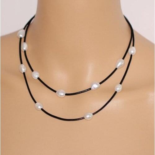 Pearl Leather Necklace,White Color AA 9-10MM New Fashion Real Freshwater Pearl Leather Jewelry,Handmade Perfect Ladys Gift