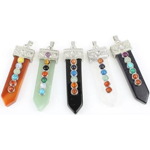 16x55mm Natural Semi-precious Necklace Pendant Sword Shape Colorful Seven Chakras Crystal Agate Rose Quartz 5 Colors for Choice