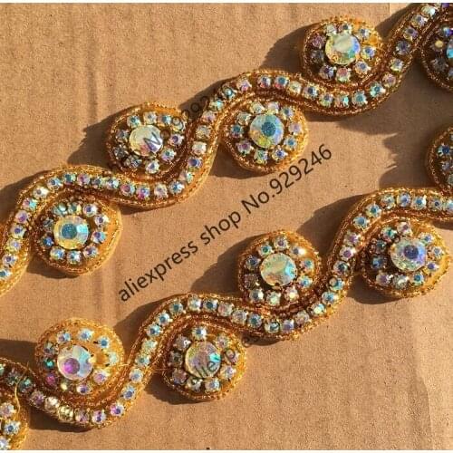 5 yards /lot wholesale gold AB crystal rhinestone chain for dress wave-shape yellow trims for garment decoration clothing strass