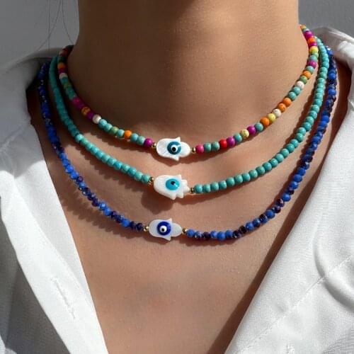JUST FEEL New Evil Eye Beads Chain Necklace For Women Handmade Colorful Beaded Irregular Stone Choker Necklace Trendy Jewelry