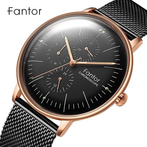 Men Watch Fantor Top Luxury Brand Chronograph Watches Man Black Mesh 2019 Casual Mens Quartz Wristwatch Waterproof Man Clock