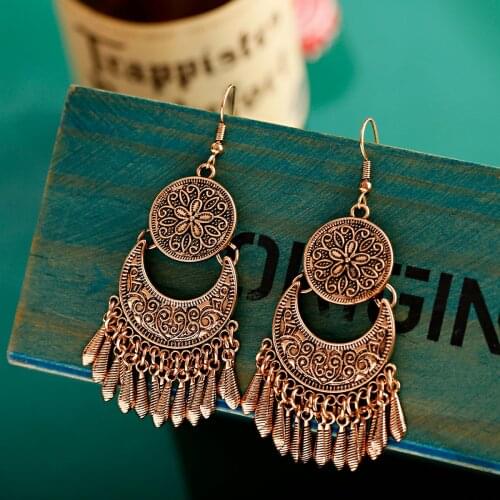 Womens Vintage Bohemia Ethnic Flower Carved Small Leaves Tassel Gypsy Drop Dangle Tibet Earrings