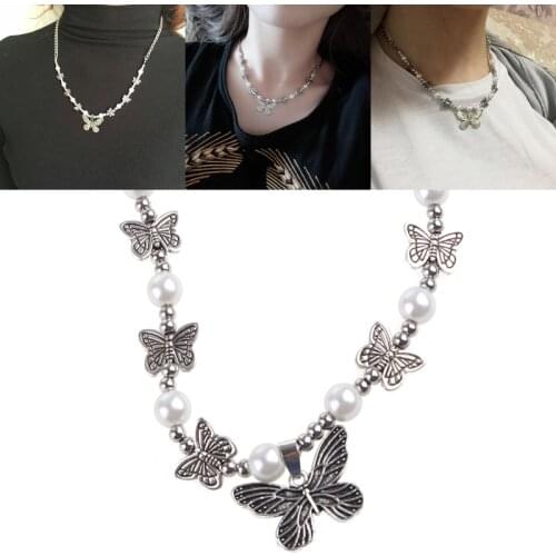 Gothic Butterfly Pendant Necklace for Women Choker Aesthetic Hippop Pearl Chain Collar Jewelry Gift