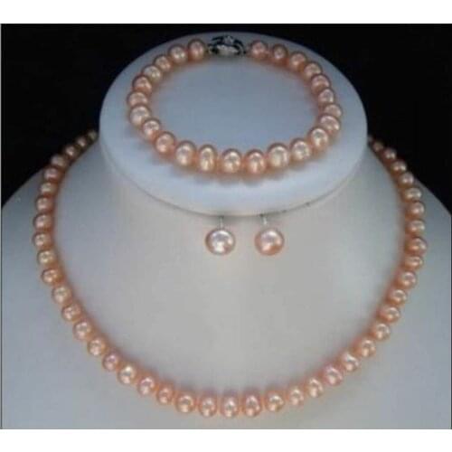 Faddish 7-8MM Natural Pink Akoya Cultured Pearl bracelets necklace earrings set