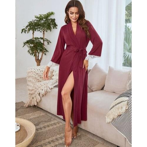 SLPBELY Nightrobe Nightgown Spring Pure Color Long Sleeve Robes Sleepwear Homewear Pajamas Casual Bathrobe Split Nighskirt