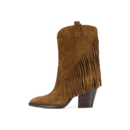 New Arrival Women Velvet Tassels Decoration Boots Top Quality Spike High Heel Pointed Toe Short Boots