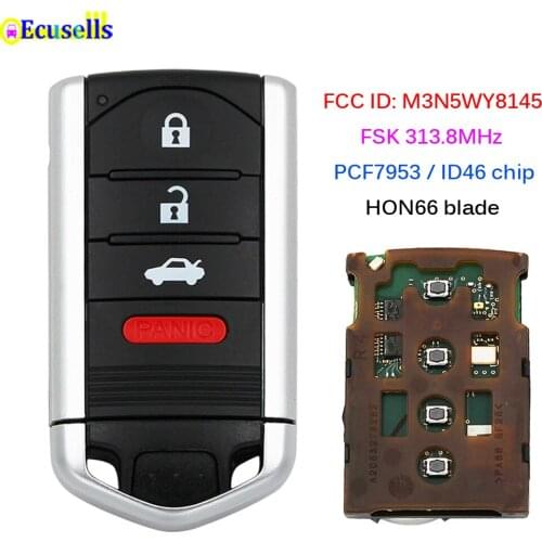 New 4 Button Smart Remote Key Fob FSK 313.8Mhz PCF7953/ID46 Chip for Acura ZDX 2010-2013 FCC ID: M3N5WY8145 HON66 Uncut Blade
