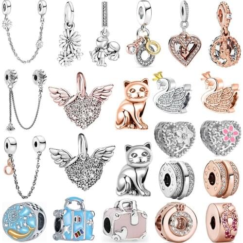 New Cute Heart Wings Suitcase Whale Bead Pendant Suitable for Original Pandora Charm Bracelet Necklace Lady DIY Jewelry Gifts