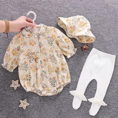 Adorable Newborn Baby Girls Floral Rompers Clothes Peter Pan Collar Short Puff Sleeve Jumpsuit +Cute Hood Infant Baby Linen Cott