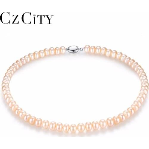 CZCITY Pearl Jewelry Fine Freshwater Pearl Necklace Natural Pearl Necklace 8-9mm White,Pink,Multicolor Stone Choker For Women