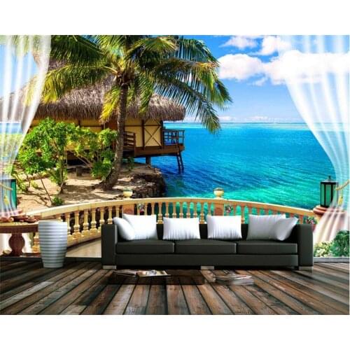 Beibehang Custom Wallpaper 3D Stereo Beach Balconies Sea View Blue Sky White Cloud TV Background Wall Murals photo 3d wallpaper