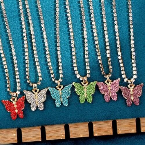 JUST FEEL 6Color Crystal Butterfly Pendant Necklace for Women Bling Rhinestone Tennis Chain Choker Necklace Punk Hip Hop Jewelry