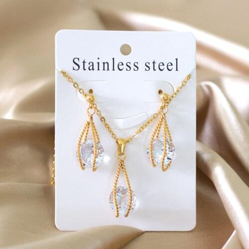 LUXUKISSKIDS Zircon Wedding Dubai Jewelry Sets For Women Fashion Stainless Steel Drop Earrings Necklace African Jewellery Set