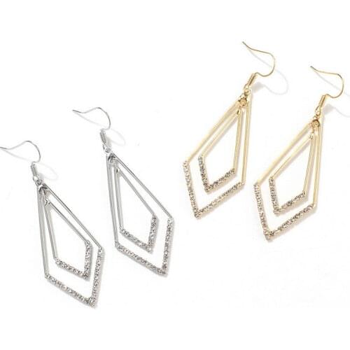 Layered Paved CZ Crystal Open Rhombus Drop Earrings for Women Trendy Gold Filigree Geometric Double Kite Arrow Dangle Earrings