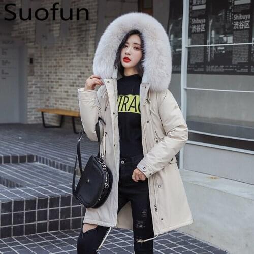 Suofun Long Cashmere Long Black Hooded Fur A-line Thick Cotton Vintage 2021 Fashoin Women Snow Winter Warm Coat Overcoat