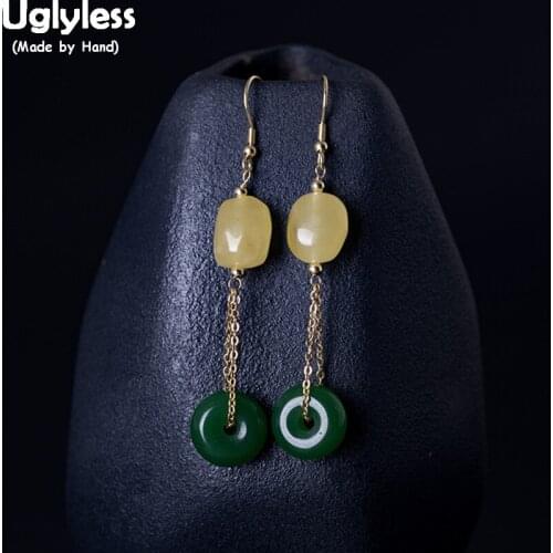 Uglyless 100% Real 925 Sterling Silver Ethnic Long Earrings for Women Natural Amber Beads Earrings Glass Button Brincos Bijoux