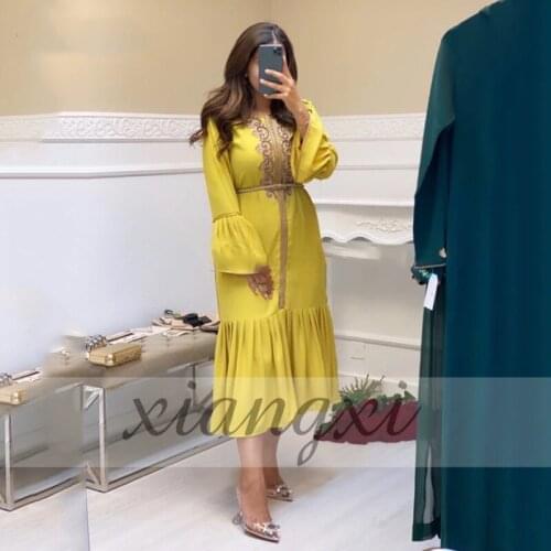 Yellow Moroccan Kaftan Formal Evening Dress Gold Lace Beaded Arabic Dress Dubai Special Occasion Dresses 2020