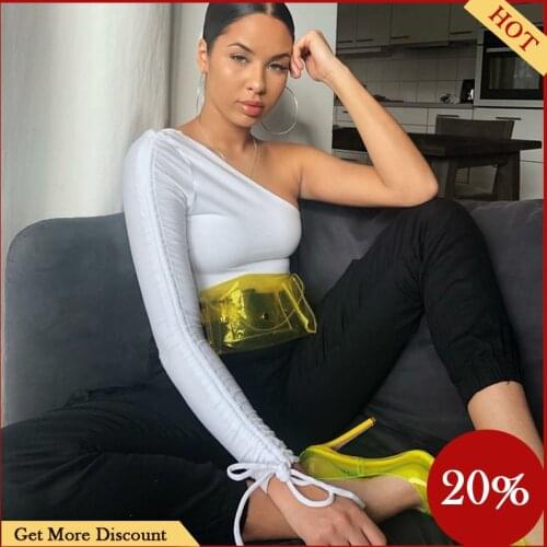 NEW 2021 Spring Autumn Women Sexy One Shoulder Top Unique Drawstring Long Sleeve Slim Fit Solid Color T-shirt Fashion Clothes