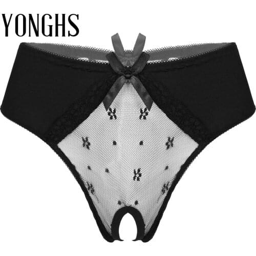 Womens Sexy Lingerie Crotchless Underwear Back Hollow Out Lace Bowknot See-through Briefs Underpants Mesh Patchwork Panties