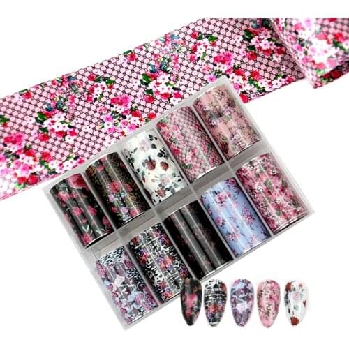 10 Rolls/Box Nail Art Foil Rose Flower Stickers for Nails Transfer Adhesive Wraps Paper Manicure Decoration Nail Decals