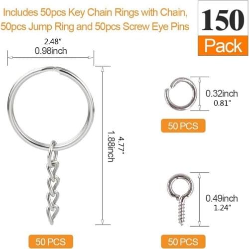 150Pcs/Box Screw Eye Pin Key Chains with Open Jump Ring Chain Extender Eye Pins Split Keyring DIY Jewelry Making Finding