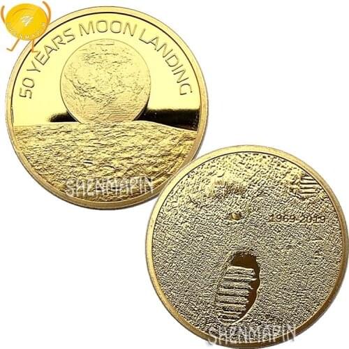1969-2019 50th Anniversary of Apollo 11 Lunar Landing Gold Coins Collectibles US Space Lunar Footprints Commemorative Coin