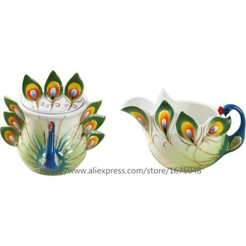 2018 Chinese Style Coffee Cups Peacock milk and sugar teapot,coffee teaset Porcelain Enamel Chinese Ceramic Coffee Cup