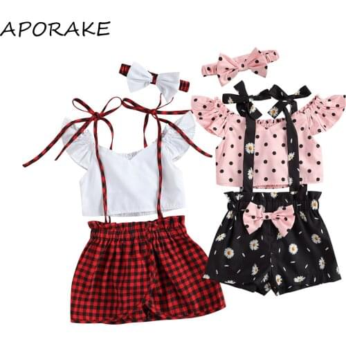 2021 0-5Y Fashion Toddler Baby Girl Clothing Fly Sleeve V-neck T-shirt Crop Top+Plaid/Floral Print Suspender Shorts/Skirt 3pcs