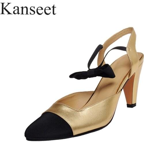 Kanseet Women Slingbacks Shoes Butterfly-Knot Genuine Leather Pointed Toe Thick High Heel Shoes Mixed Colors Sandals Ladies 41
