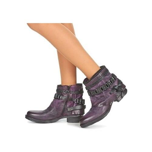 Western black ankle boots for women med thick platform punk chelsea boots slip on leather bottine femme motorcycle Cowboy shoes