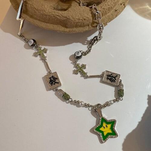 Lightning bolt cross green star long necklaces for teenage egirls majiang y2k necklace jewelry punk hip-hop jewelry cool korean
