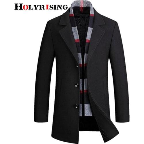 Holyrising Men Wool Coats Stylish Detachable Scarf Jackets Wool Blend Business Jacket Slim Single Breasted Comfot PeaCoat 19280