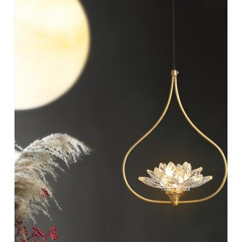 K9 Crystal Lotus Kitchen Island Pendant Light Chinese Copper Living Room Decor Bedroom Lamp Bar Porch Dining Room Light Fixture