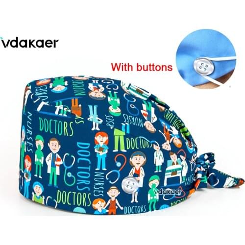 Personalized Dentist pattern Printing Scrub Cap lab Working Hat 100% Cotton Women Men Beautician Dust Proof Caps with Button