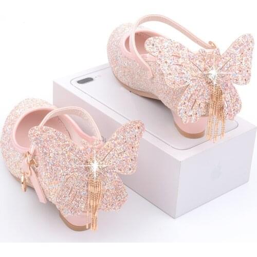 Girls Dress Shoes Kids Leather Shoes for Medium Big Children Glitter Rhinestone Crystal Shoes High Heeled Shoes Butterfly 27-38