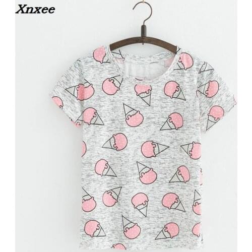 Hot sale summer ice cream print O neck T-shirt short sleeve cotton t-shirt casual women tops Xnxee
