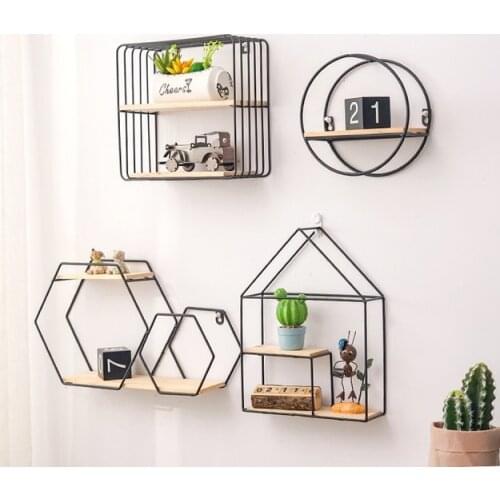 Metal Iron Wooden Storage Rack Multi Shape Storage Holders Black/Gold Nordic Wall Shelf DIY Home Decor display shelf