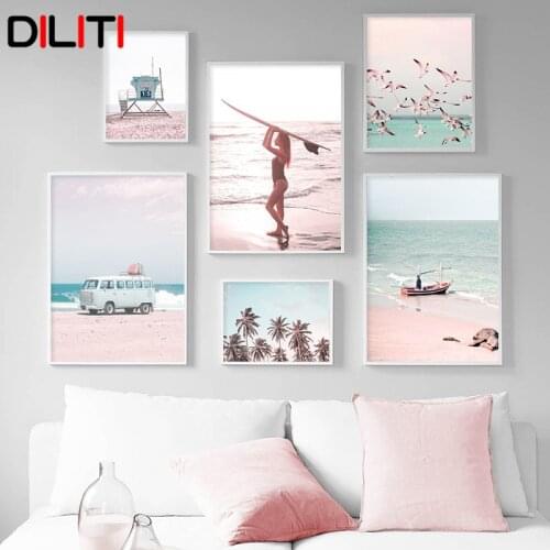 Sea Beach Bus Surf Girl Canvas Painting Seagull Palm Tree Wall Art Nordic Posters and Prints Picture for Living Room Decor