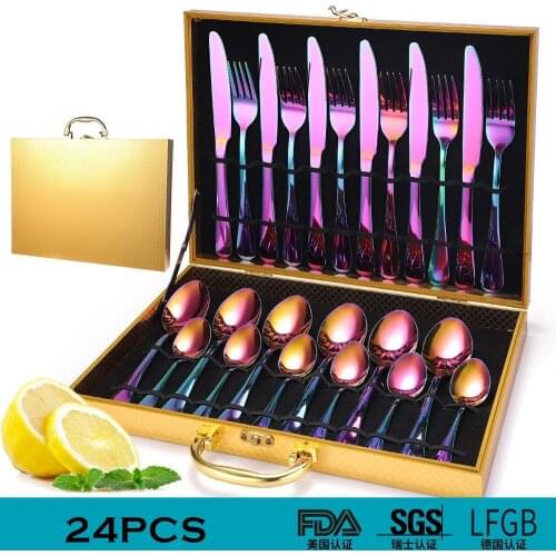 24PCS Tableware Flatware Set Non-fading Cutlery Sets 18/10 Stainless Steel Dinnerware Rainbow Dinner Kitchen Home Wood Gift Box
