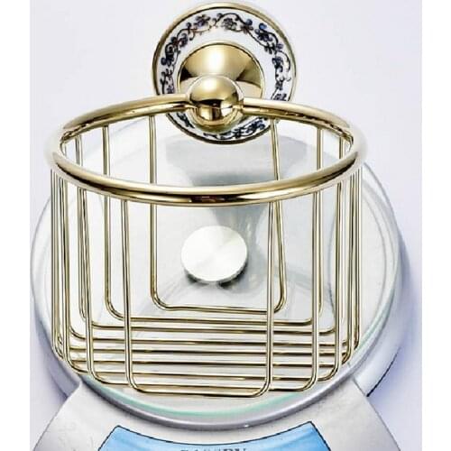 Luxury Gold Color Brass Ceramic Flower Base Wall Mounted Bathroom Toilet Paper Roll Basket Holder Bathroom Accessory mba257