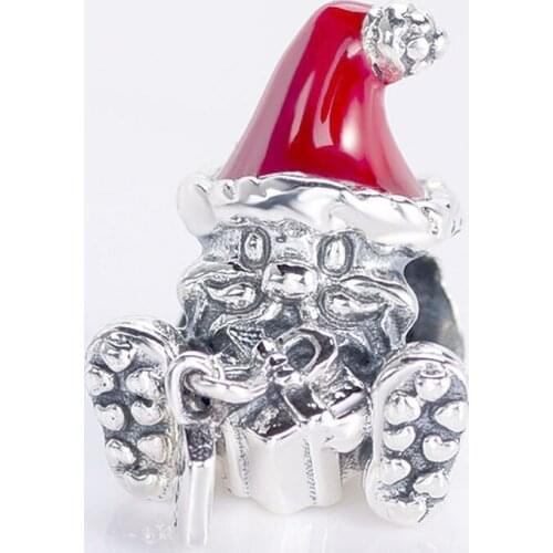 Original Red Enamel Seated Santa & Present Beads Fit 925 Sterling Silver Charm Europe Bracelet Bangle Diy Jewelry